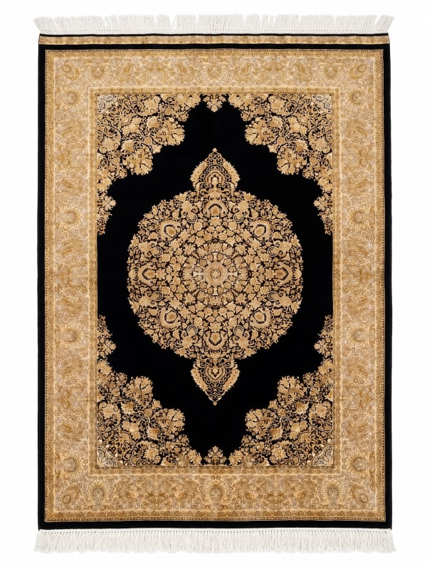 Qum Medallion Black Gold, Qum, Iran bespoke rug, in midnight black, Jute, 91x152 cm, Nasim Carpets Malaysia