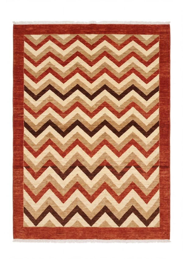 Gabbeh Chevron Wave Rust, Qashqai or Luri tribal region, Fars Province, Iran modern rug, in madder rust, Wool, 183x244 cm, Nasim Carpets Malaysia