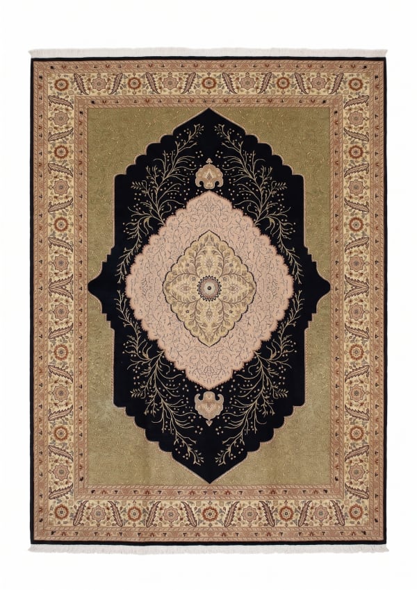 Isfahan Tree of Life Medallion Black Olive, Iran persian rug, in midnight black, Wool, 274x390 cm, Nasim Carpets Malaysia