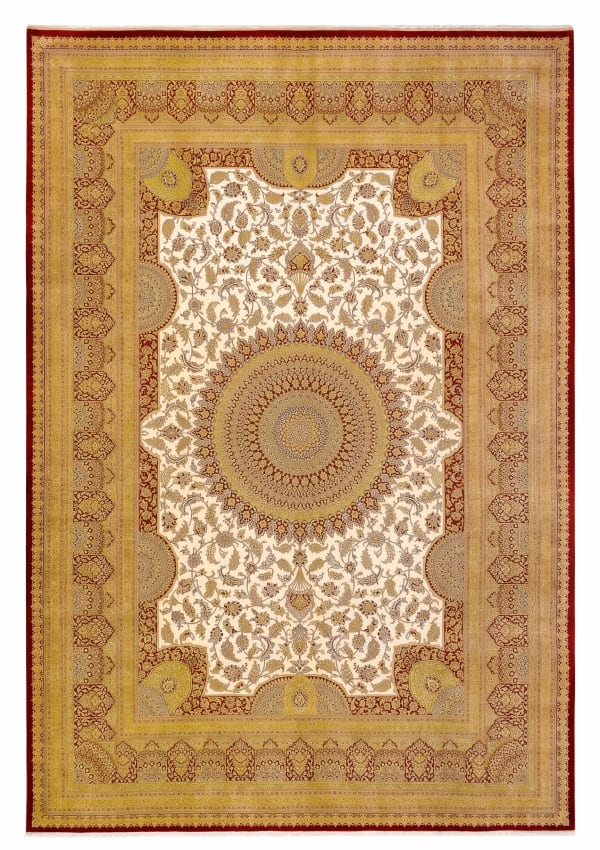 Qum Medallion Ivory Gold, Qum, Iran persian rug, in ivory, Wool, 244x366 cm, Nasim Carpets Malaysia