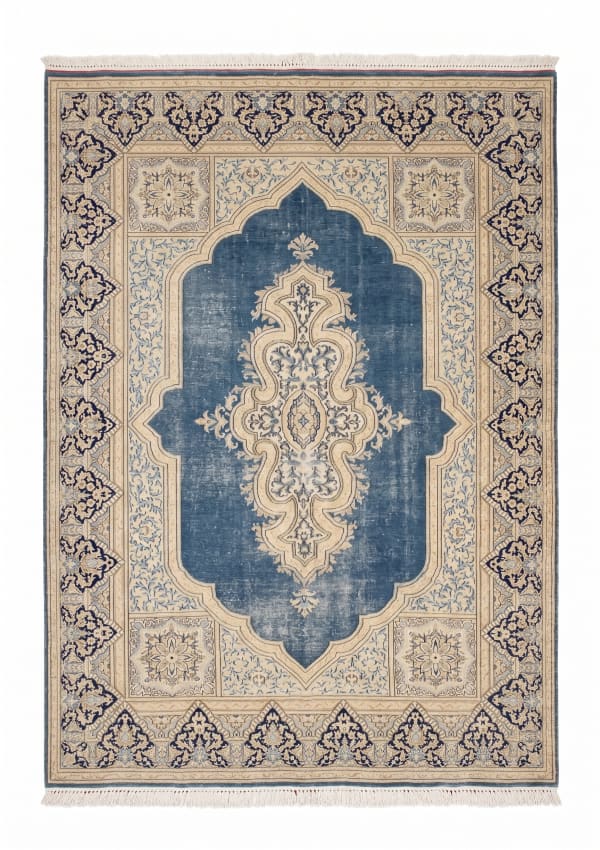 Kerman Medallion Ivory Blue, Kerman, Iran persian rug, in steel blue, Wool, 244x305 cm, Nasim Carpets Malaysia
