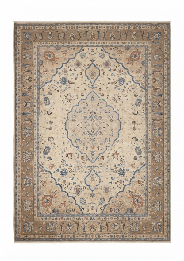Tabriz Medallion Ivory Blue, Tabriz, Iran persian rug, in antique ivory, Wool, 299x396, Nasim Carpets Malaysia