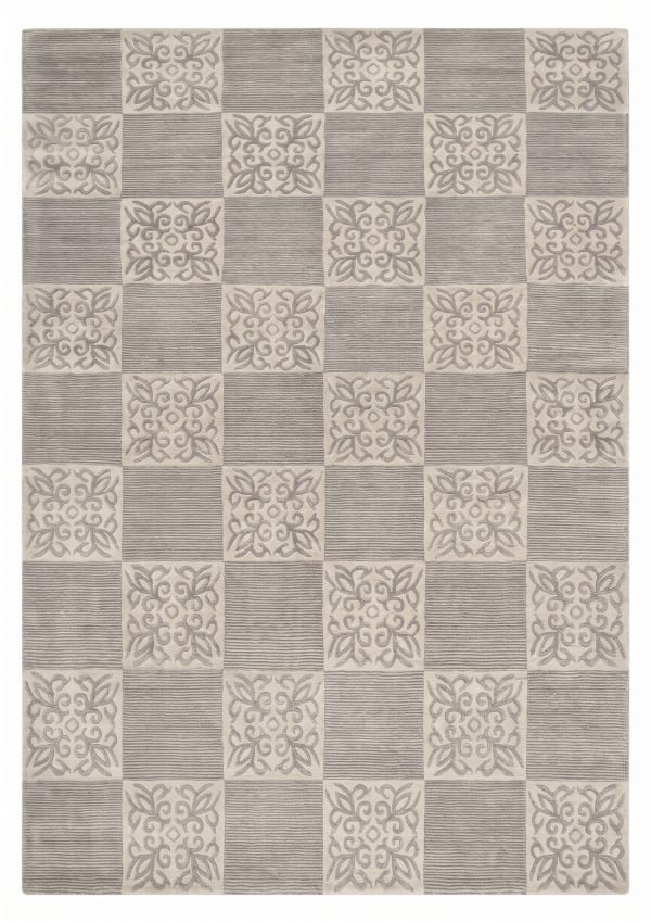 Tibetan Checkerboard Floral Silver, Tibet modern rug, in silver grey, Silk and Wool, 210x305, Nasim Carpets Malaysia
