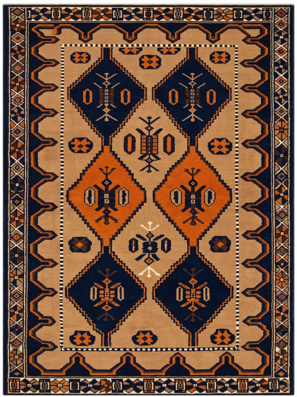 Baluch Geometric Diamond Navy Orange, Baluchistan, Afghanistan-Iran Border Region tribal rug, in burnt orange, Wool, 116x183, Nasim Carpets Malaysia