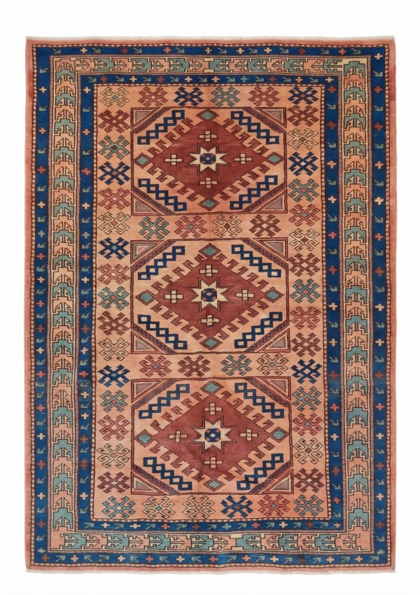Kazak Medallion Salmon, Kazak, South Caucasus (Azerbaijan/Armenia border region) tribal rug, in salmon rose, Wool, 4420x6309, Nasim Carpets Malaysia
