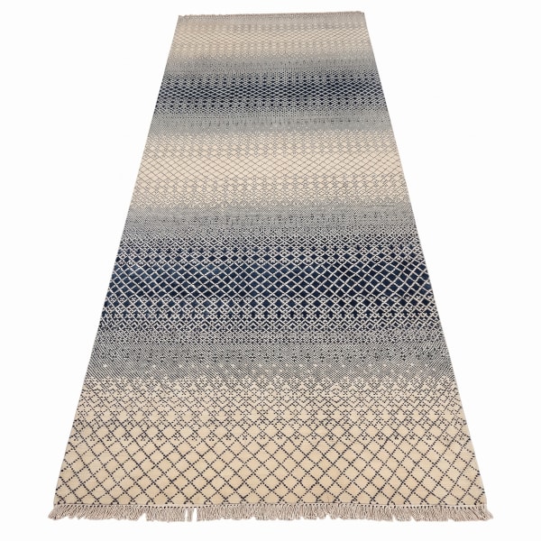 Indo-Modern Ombre Diamond Ivory Navy, Bhadohi, India modern rug, in ivory, Wool, 152x366 cm, Nasim Carpets Malaysia