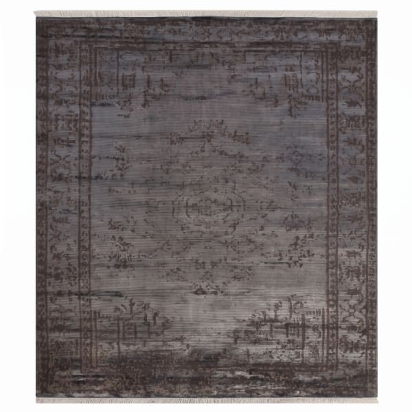 European Erased Medallion Slate Grey, European Modern Interpretation — distressed overdye style originating from Turkish and Persian classical traditions, produced in contemporary European or Turkish machine-weaving centres modern rug, in slate grey, Viscose, 85x152 cm, Nasim Carpets Malaysia