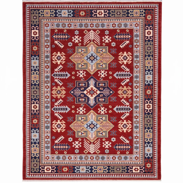 Kazak Medallion Trio Crimson, Kazak, Caucasus (Azerbaijan/Armenia border region) tribal rug, in crimson red, Wool, 137x195 cm, Nasim Carpets Malaysia