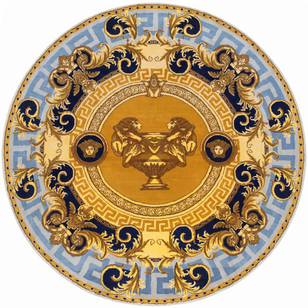 European Neoclassical Medallion Gold Blue, Contemporary European-inspired design, manufactured in India modern rug, in antique gold, Wool, 213x305 cm, Nasim Carpets Malaysia