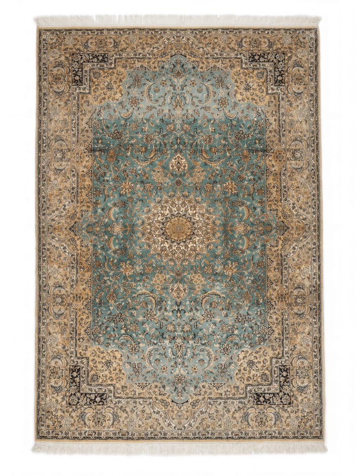 Vintage Kashmiri Pure Silk Aqua Medallion, persian rug, 213x305 cm, Pure Silk