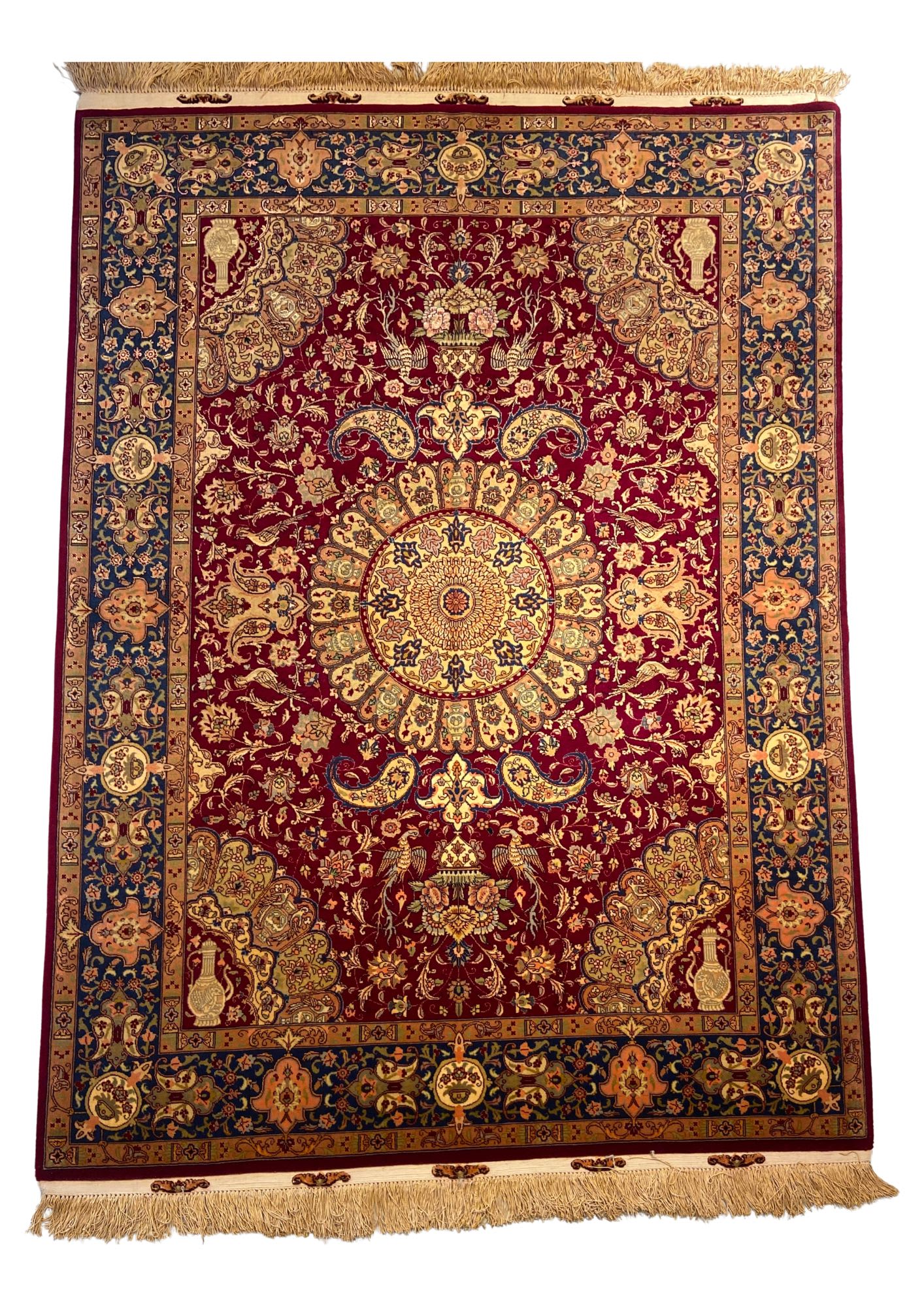 Qum Silk Floral Medallion with Bird & Vase Motifs, Qum persian rug, in burgundy, Pure Silk, 91x152 cm, Nasim Carpets Malaysia — view 1