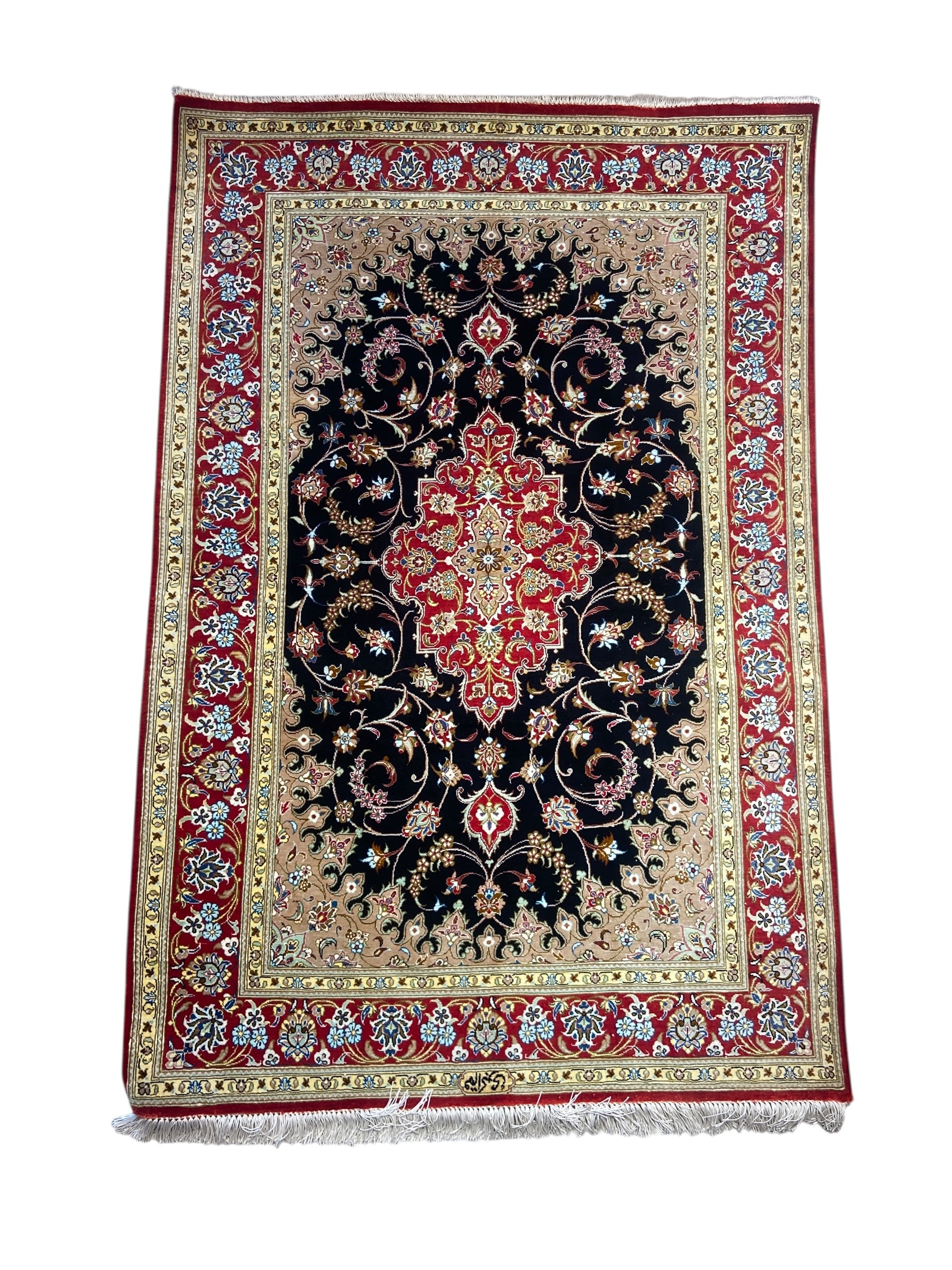 Qum Silk Medallion, Qum persian rug, in black, Pure Silk, 91x152 cm, Nasim Carpets Malaysia — view 1