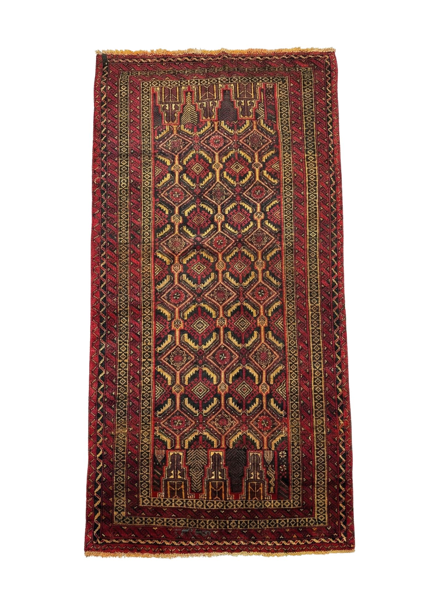 Balochi Prayer Lattice Rug, Balochi tribal rug, in red / burgundy, Wool, 106x213 cm, Nasim Carpets Malaysia — view 1