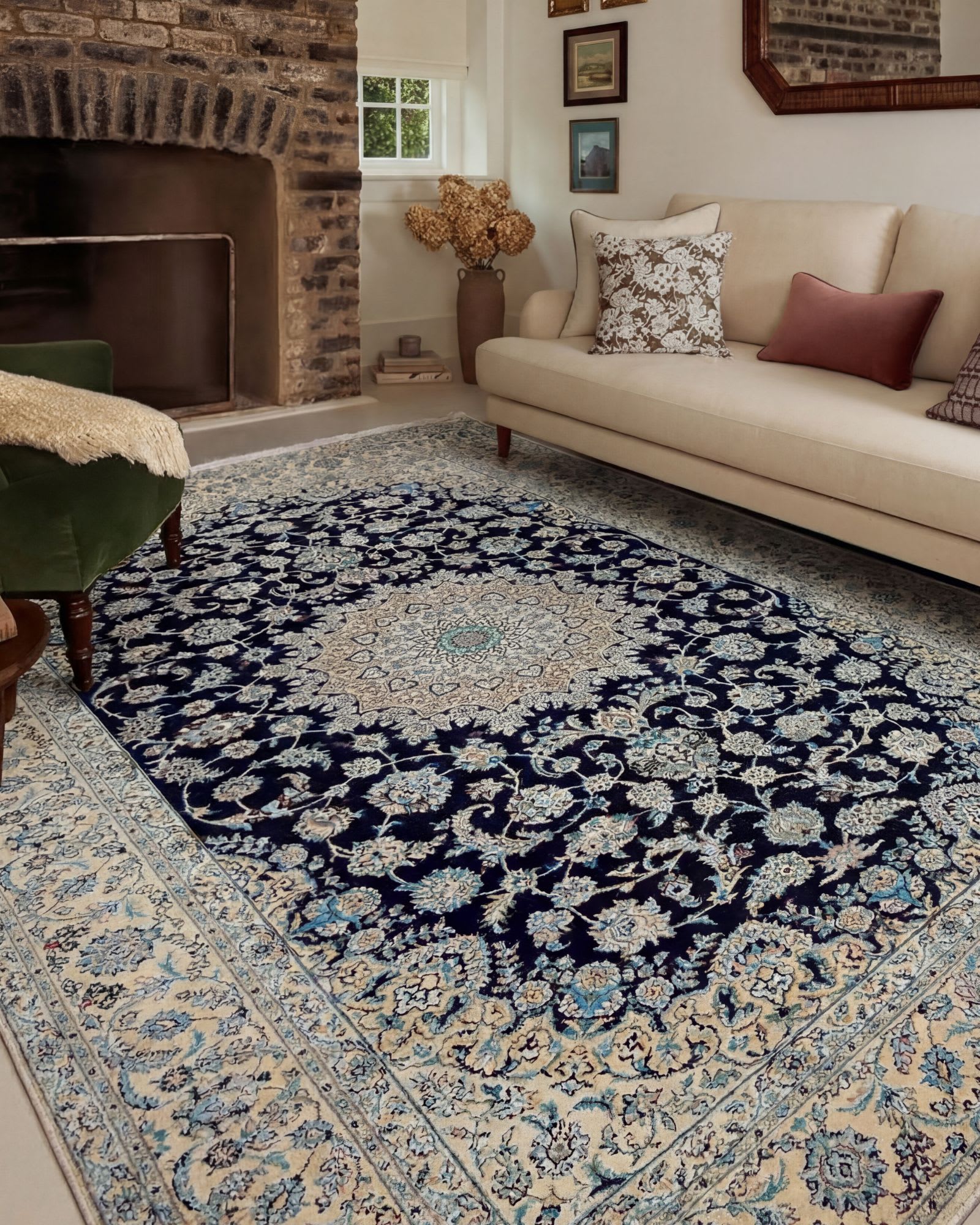 Persian Nain Navy Medallion, Iran persian rug, in blue, Silk and Wool, 240x300 cm, Nasim Carpets Malaysia — view 3