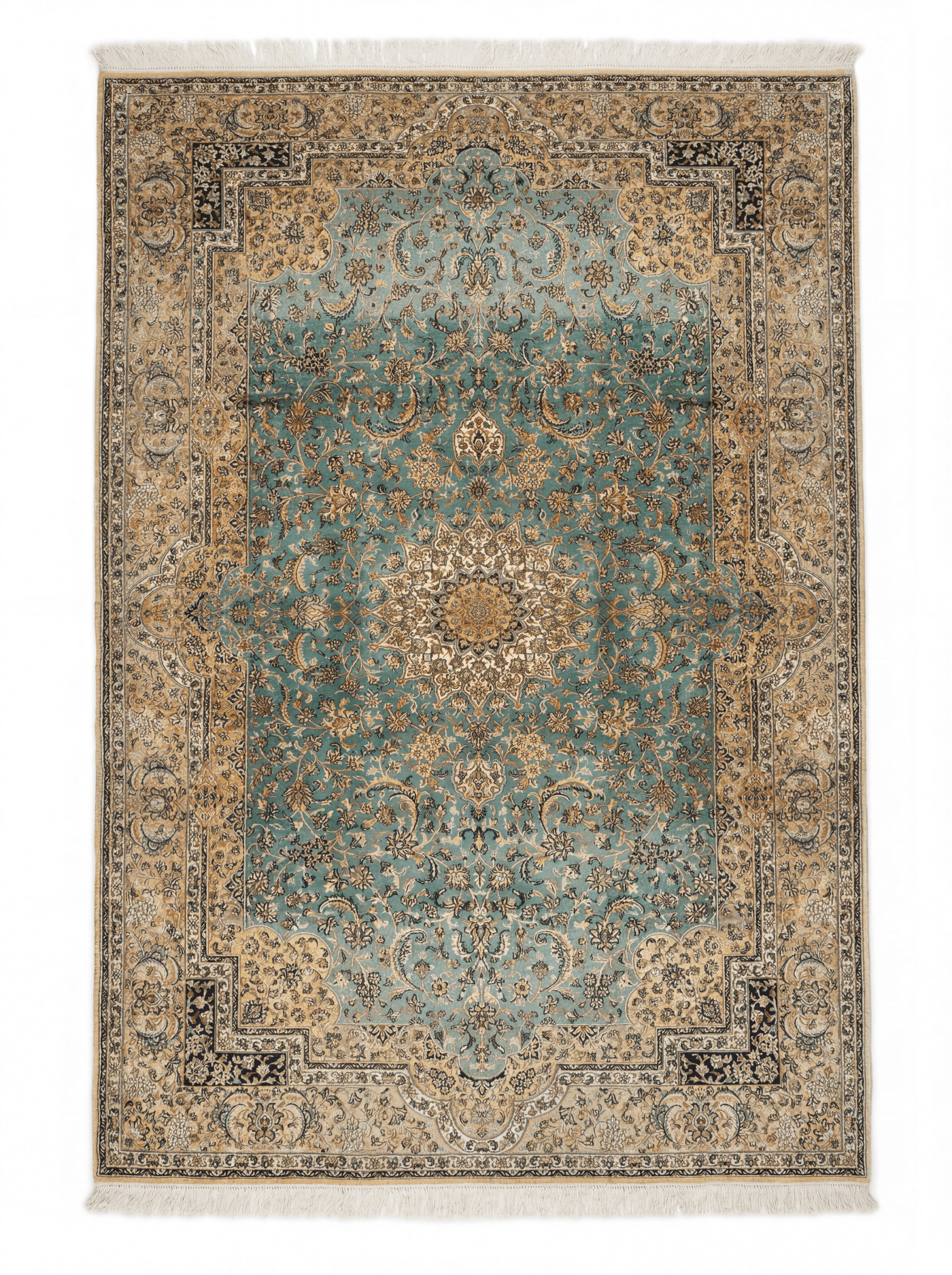 Vintage Kashmiri Pure Silk Aqua Medallion, Kashmir persian rug, in turquoise, Pure Silk, 213x305 cm, Nasim Carpets Malaysia — view 1