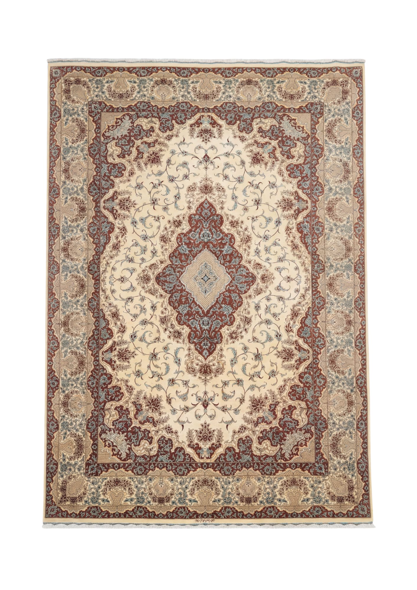Qum Ivory Field Medallion, Tabriz persian rug, in ivory, Pure Silk, 213x305 cm, Nasim Carpets Malaysia — view 1