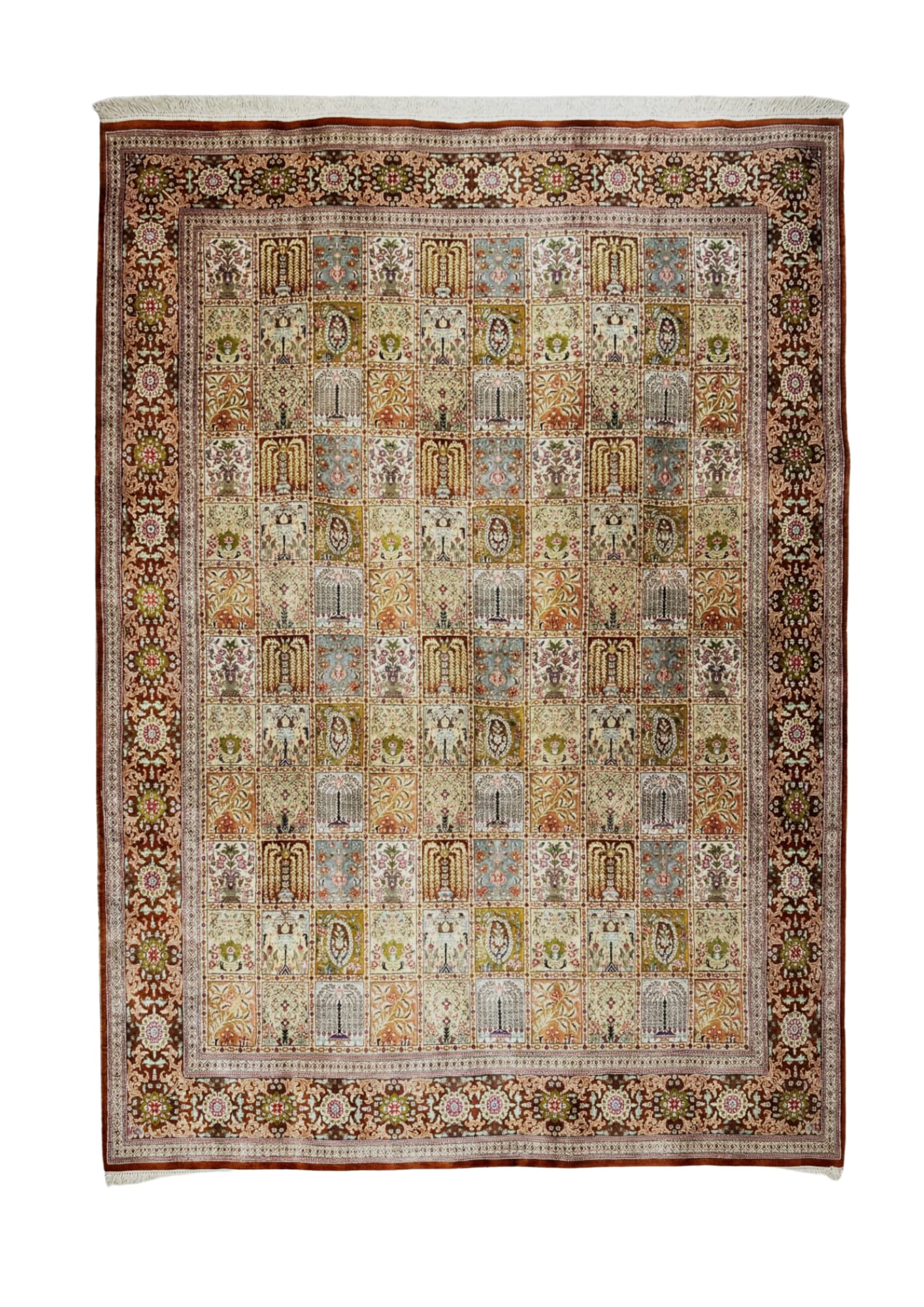 Qum Garden of Paradise, Qum persian rug, in brown, Pure Silk, 213x305 cm, Nasim Carpets Malaysia — view 1