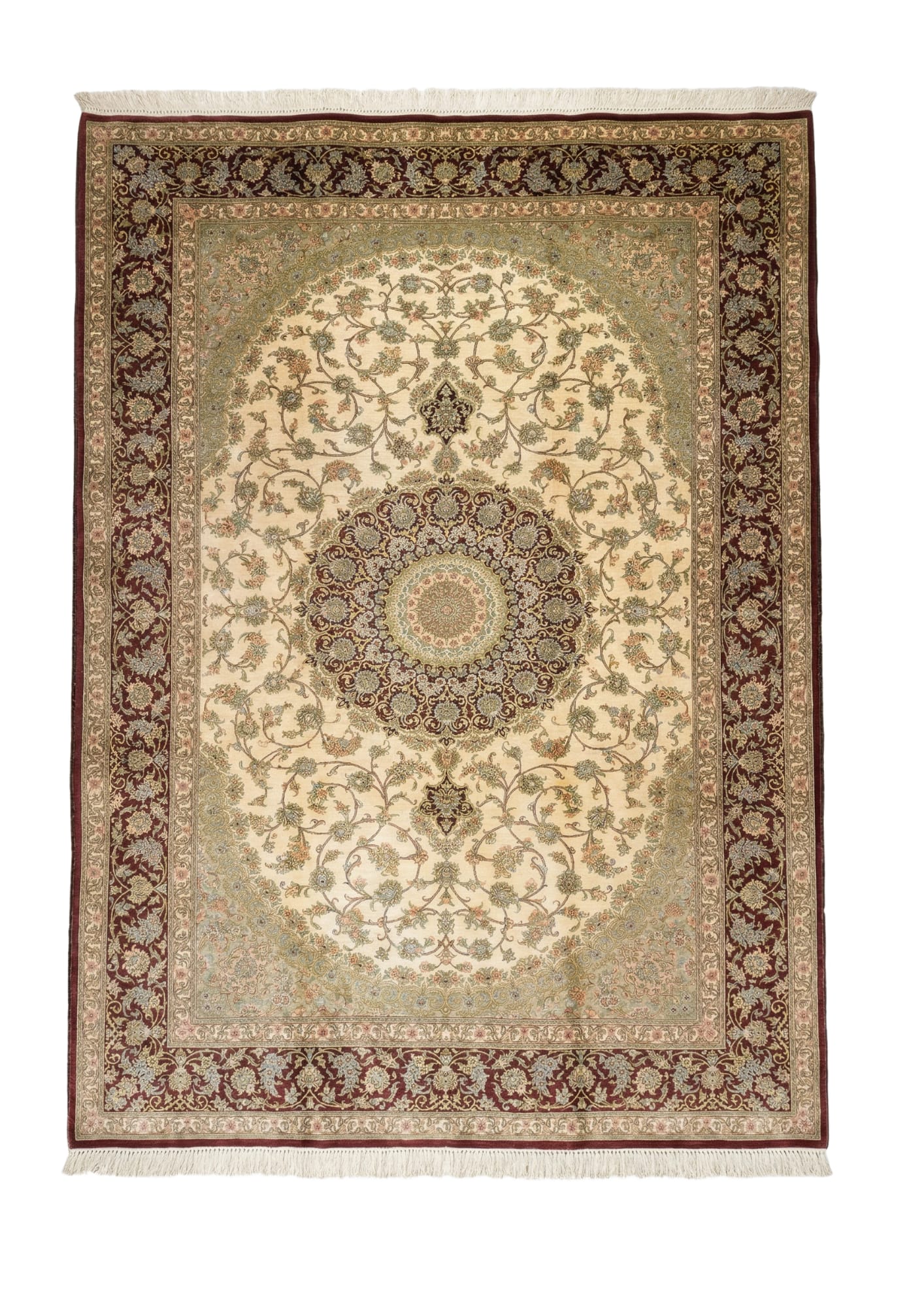 Qum Silk Ivory Medallion, Qum persian rug, in ivory, Pure Silk, 213x305 cm, Nasim Carpets Malaysia — view 1