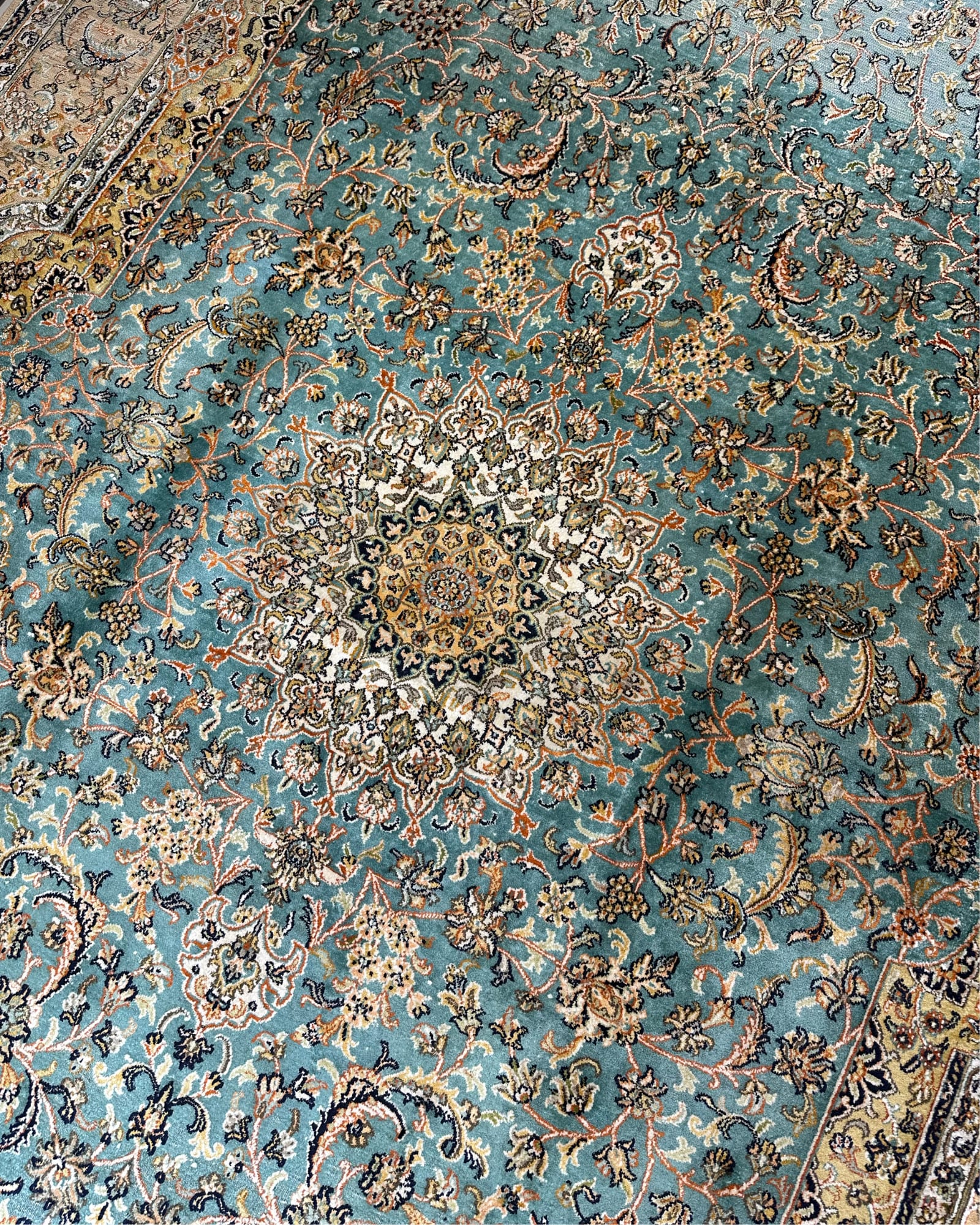 Vintage Kashmiri Pure Silk Aqua Medallion, Kashmir persian rug, in turquoise, Pure Silk, 213x305 cm, Nasim Carpets Malaysia — view 2