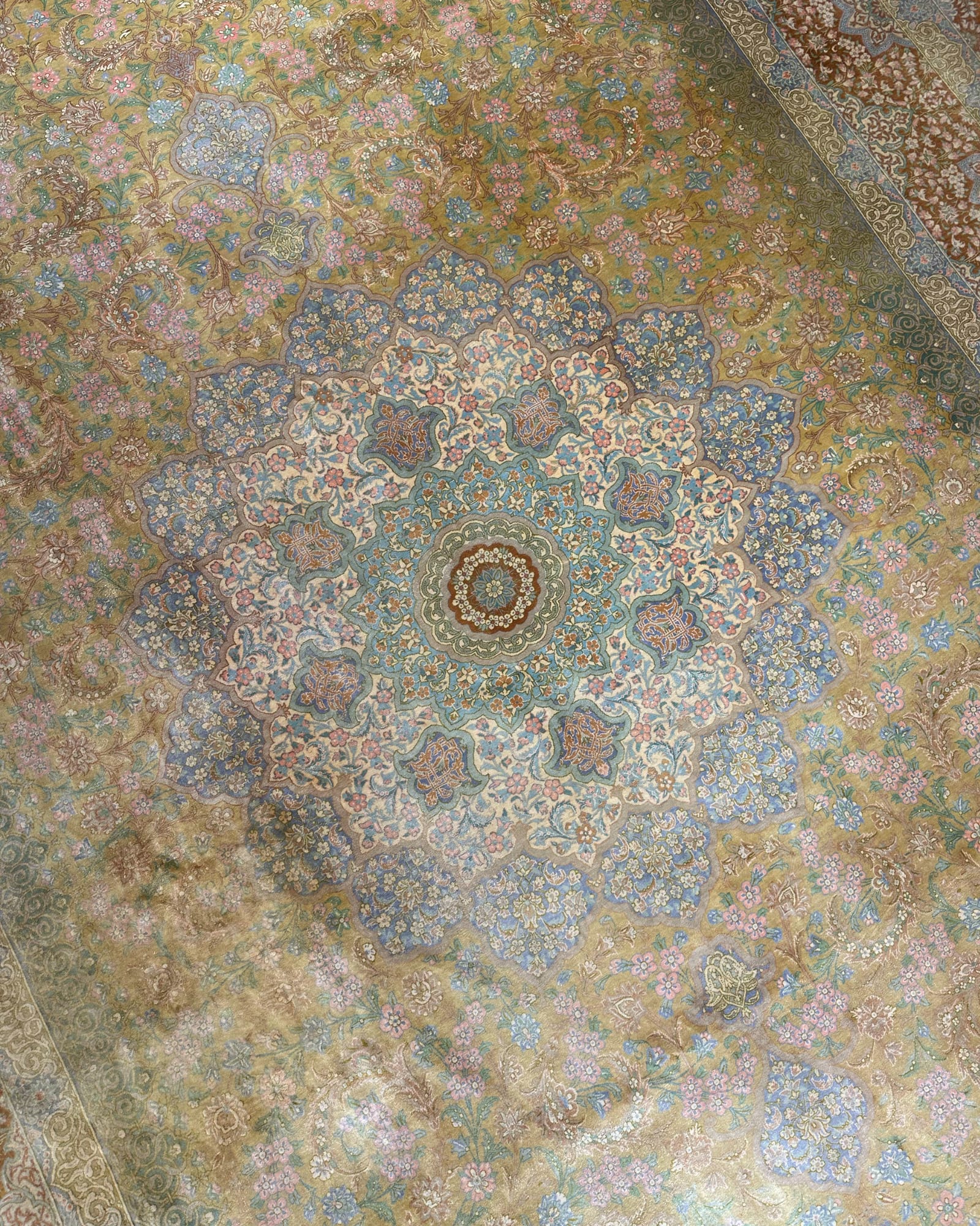 Antique Qum Silk Medallion, Qum persian rug, in green, Pure Silk, 213x305 cm, Nasim Carpets Malaysia — view 2