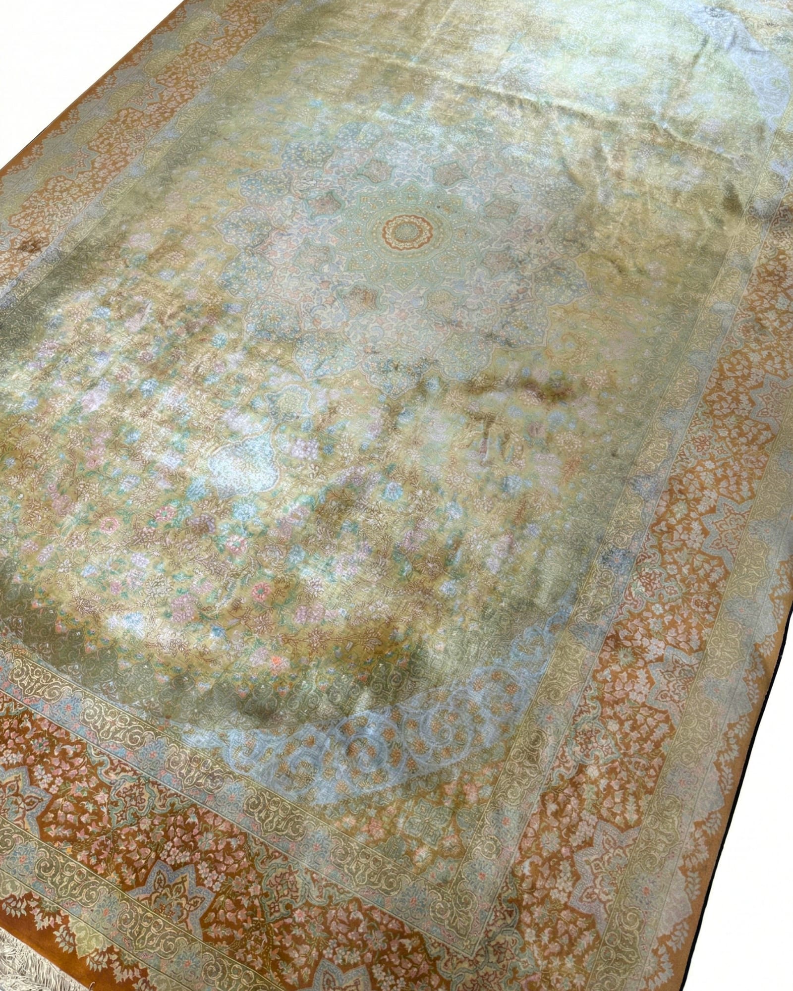 Antique Qum Silk Medallion, Qum persian rug, in green, Pure Silk, 213x305 cm, Nasim Carpets Malaysia — view 4