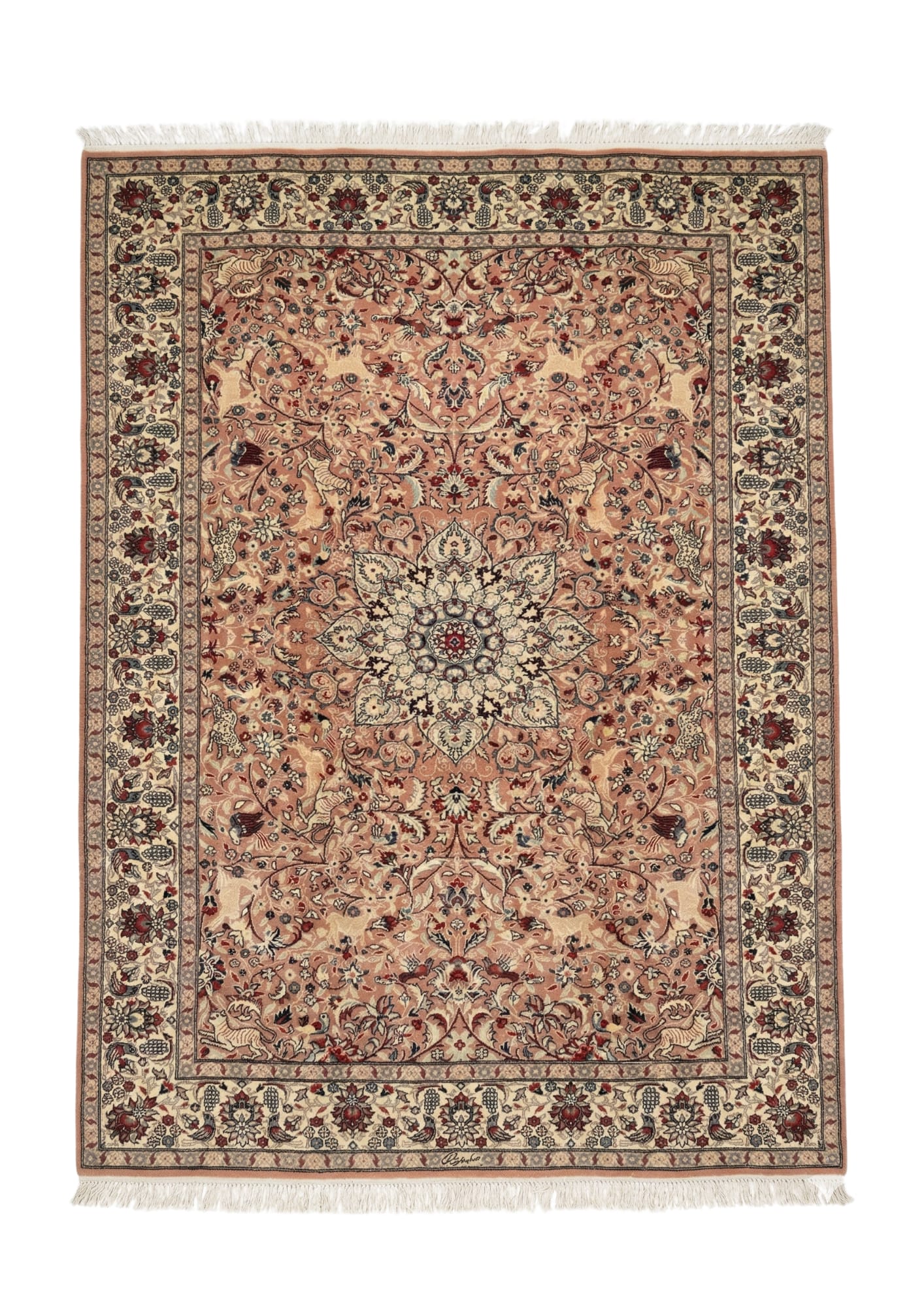 Isfahan-Style Animal Medallion, Pakistan collector-sale rug, in pink, Wool, 213x305 cm, Nasim Carpets Malaysia — view 1