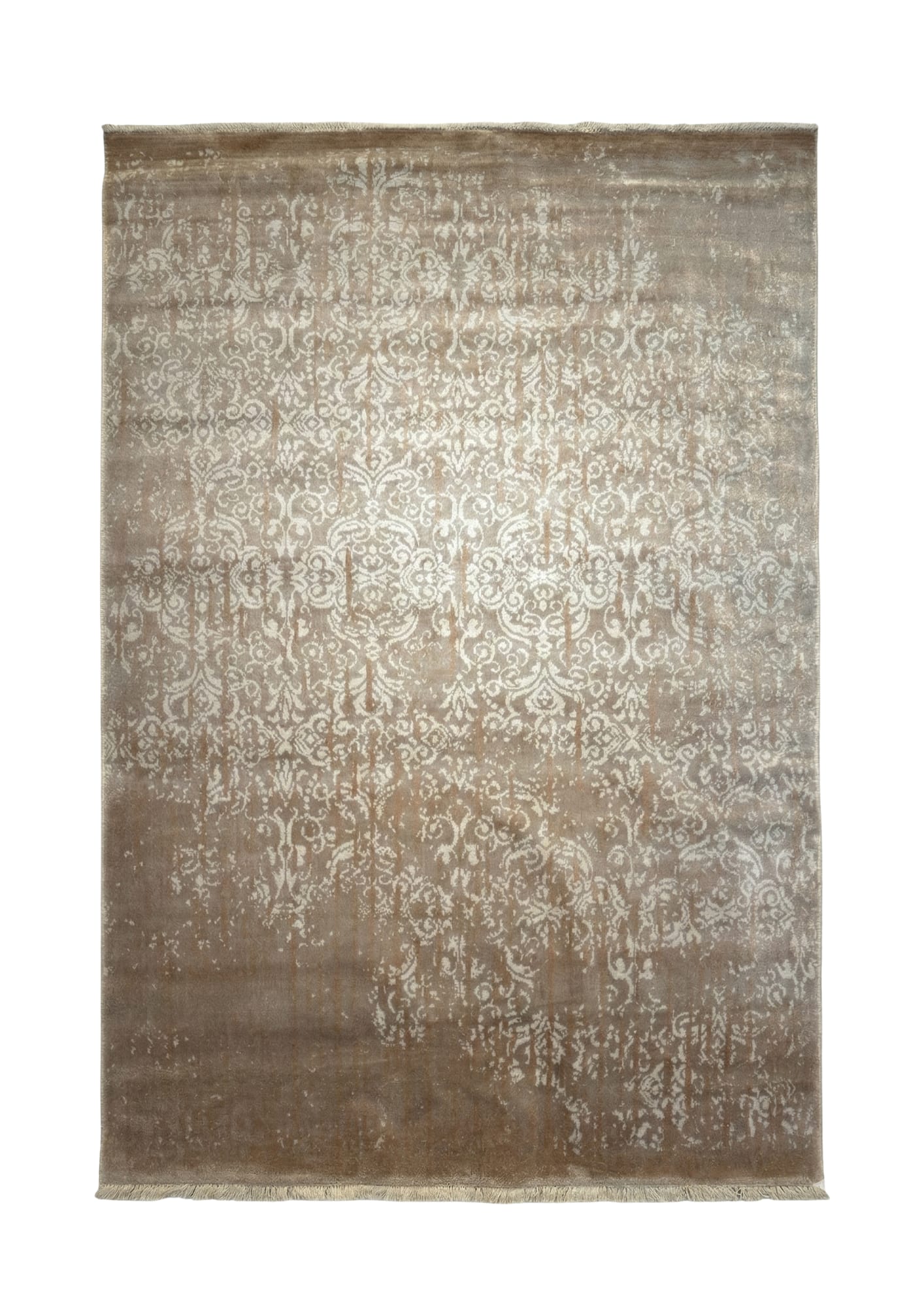 Modern Distressed Taupe Damask, Turkey collector-sale rug, in taupe / brown, Viscose, 121x182 cm, Nasim Carpets Malaysia — view 1