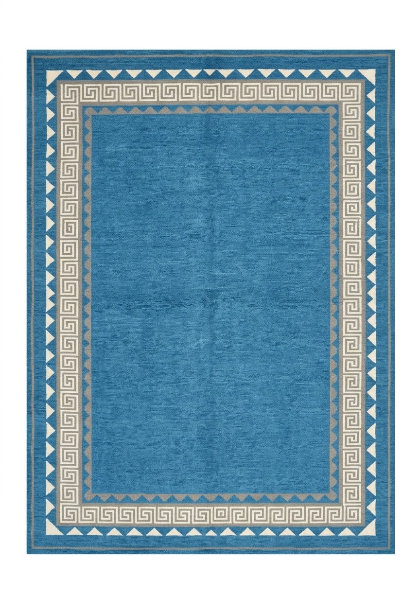 Pakistani Modern Greek Key Blue, Pakistan modern rug, in cerulean blue, Wool, 189x290 cm, Nasim Carpets Malaysia — view 1