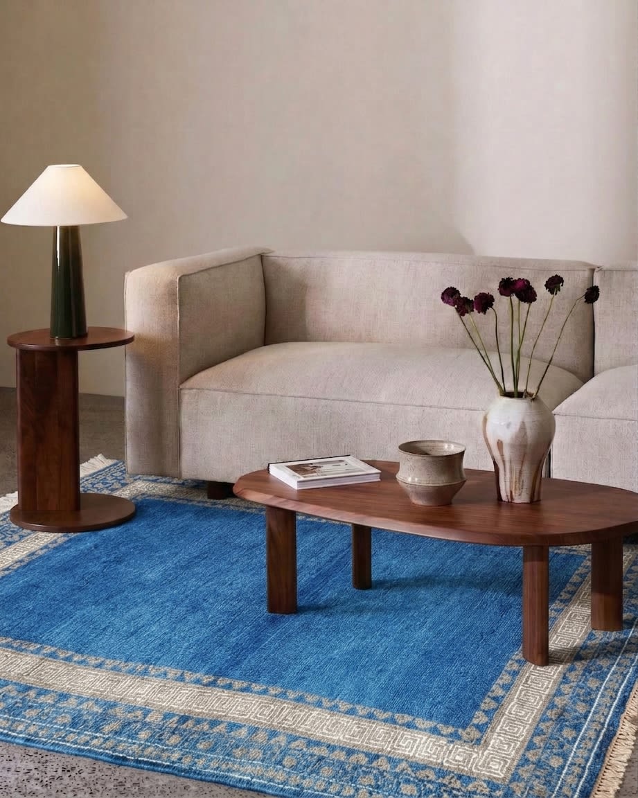 Pakistani Modern Greek Key Blue, Pakistan modern rug, in cerulean blue, Wool, 189x290 cm, Nasim Carpets Malaysia — view 2