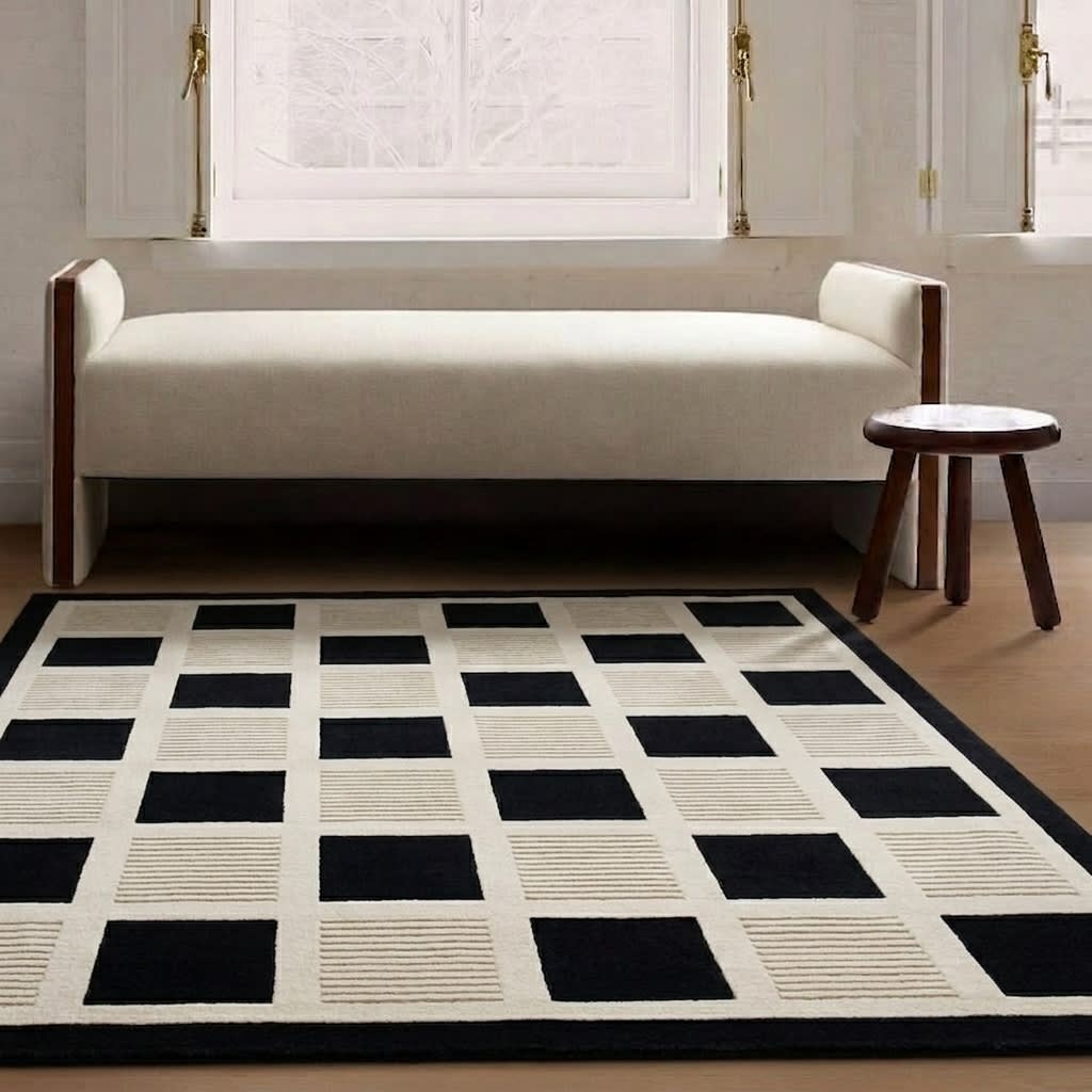 Tibetan Grid Black Ivory, Nepal modern rug, in ivory, Wool, 207x302 cm, Nasim Carpets Malaysia — view 2