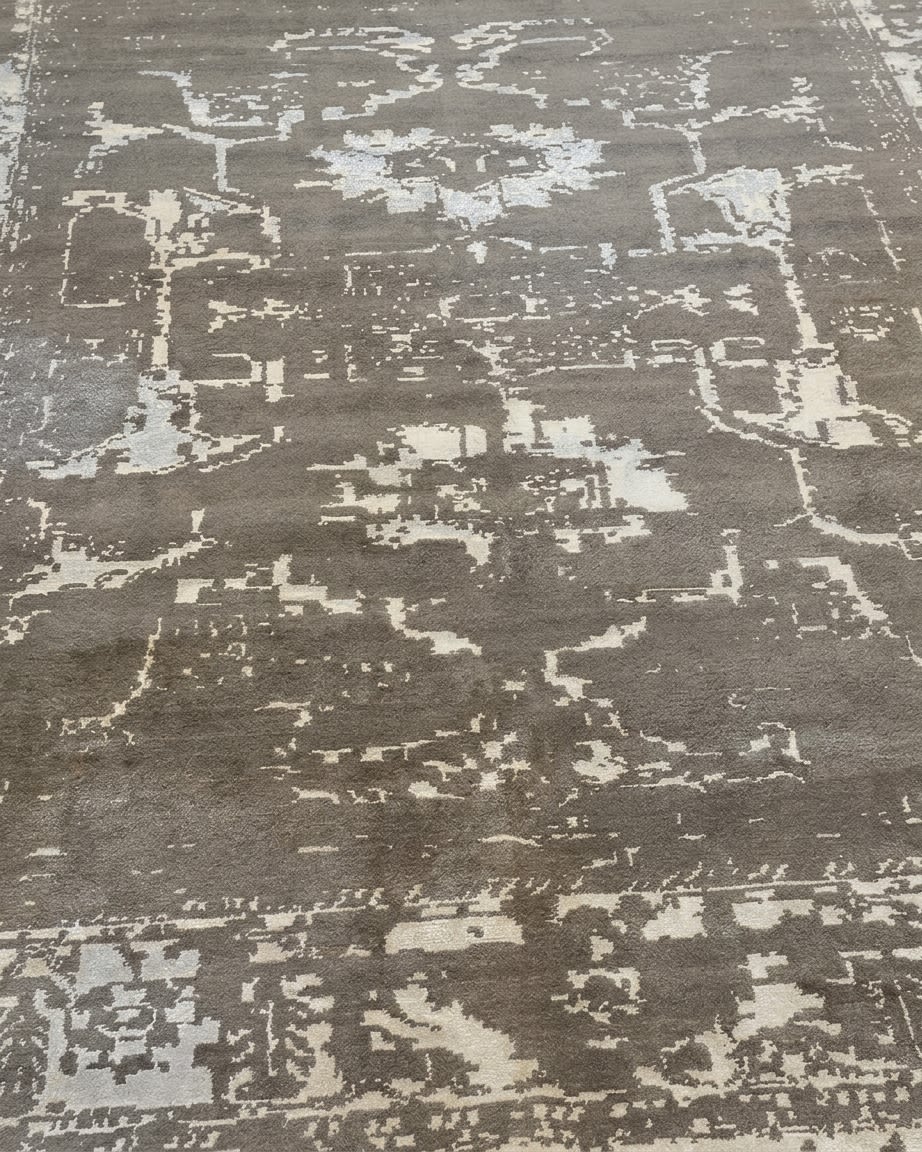 Indo-Nepali Erased Medallion Grey, Bhadohi, India modern rug, in taupe grey, Wool, 274x338 cm, Nasim Carpets Malaysia — view 3