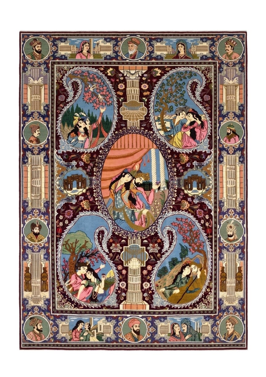 Isfahan Pictorial Medallion Burgundy, Isfahan, Iran persian rug, in burgundy, Pure Silk, 122x268 cm, Nasim Carpets Malaysia — view 1