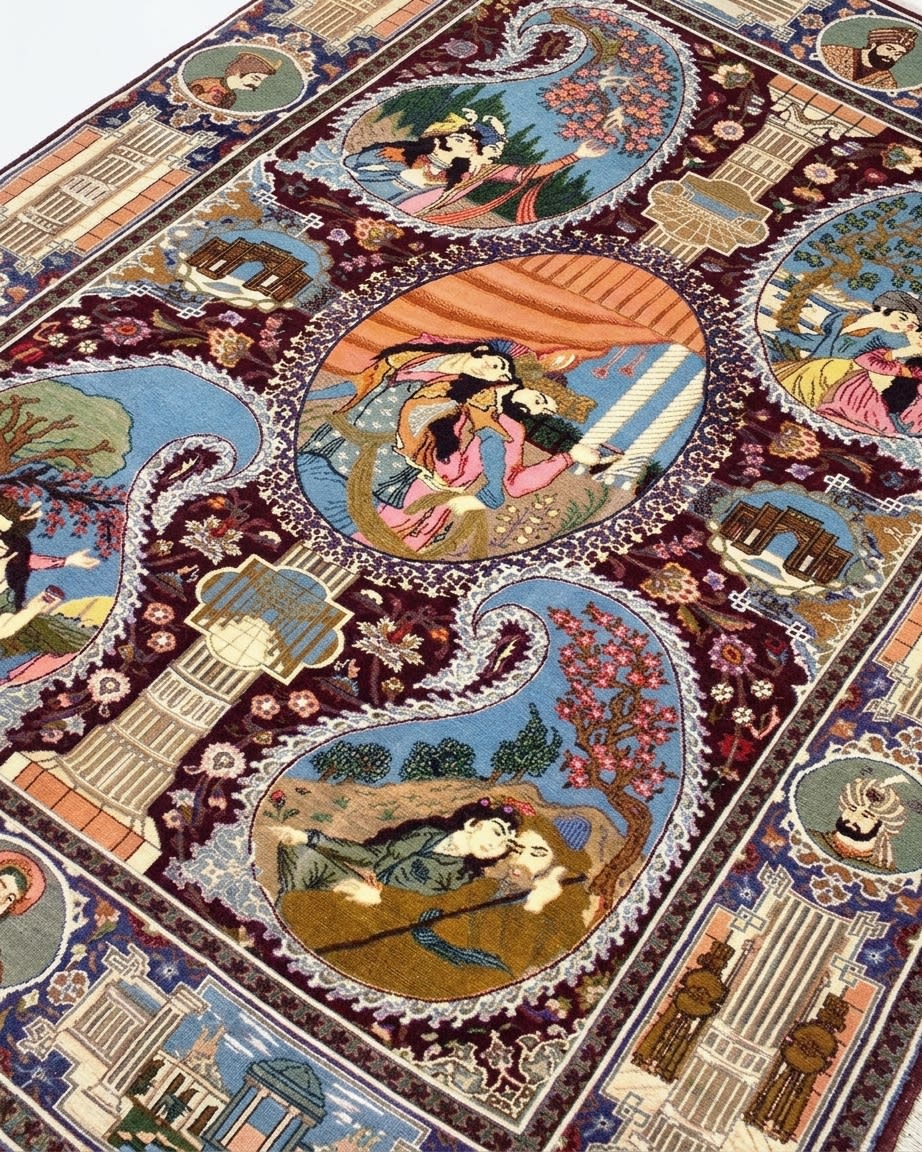 Isfahan Pictorial Medallion Burgundy, Isfahan, Iran persian rug, in burgundy, Pure Silk, 122x268 cm, Nasim Carpets Malaysia — view 3