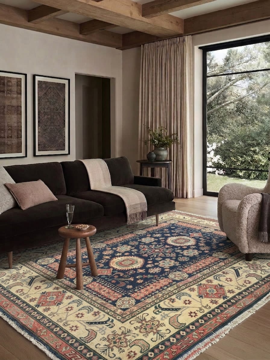Afghan Kazak Medallion Navy, Afghanistan (Chobi-Kazak tradition) tribal rug, in navy blue, Wool, 244x299 cm, Nasim Carpets Malaysia — view 2