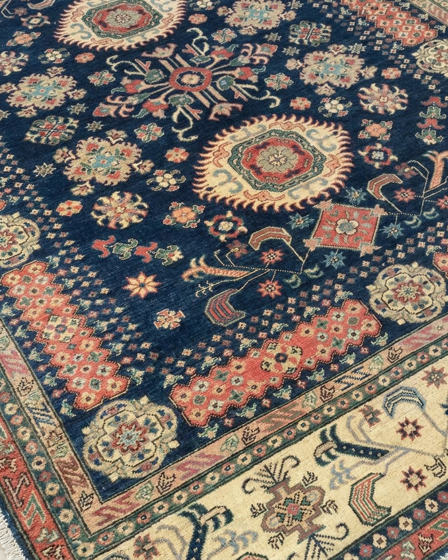 Afghan Kazak Medallion Navy, Afghanistan (Chobi-Kazak tradition) tribal rug, in navy blue, Wool, 244x299 cm, Nasim Carpets Malaysia — view 3