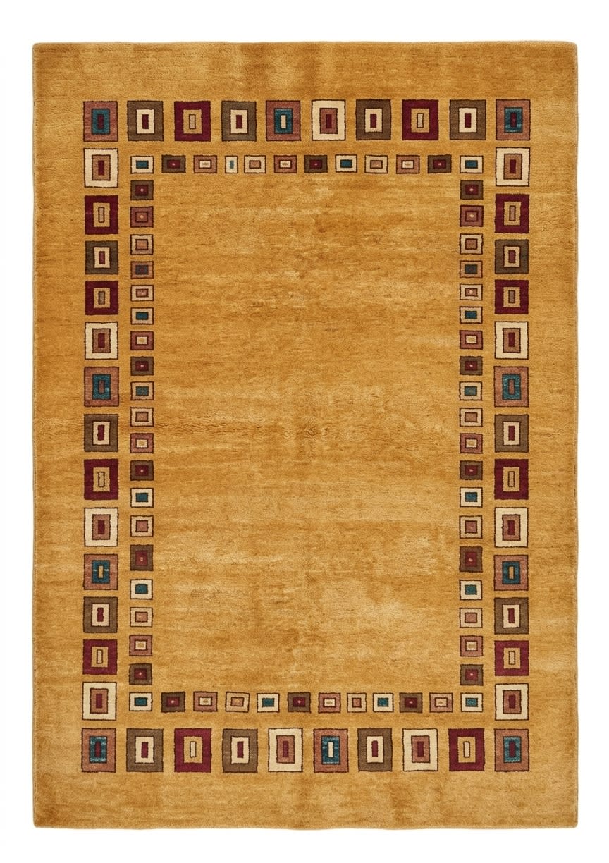 Gabbeh Geometric Border Gold, Fars Province, Iran modern rug, in golden ochre, Wool, 180x244 cm, Nasim Carpets Malaysia — view 1