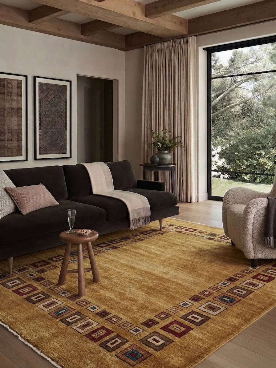 Gabbeh Geometric Border Gold, Fars Province, Iran modern rug, in golden ochre, Wool, 180x244 cm, Nasim Carpets Malaysia — view 2