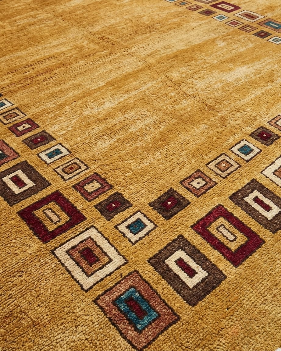 Gabbeh Geometric Border Gold, Fars Province, Iran modern rug, in golden ochre, Wool, 180x244 cm, Nasim Carpets Malaysia — view 3