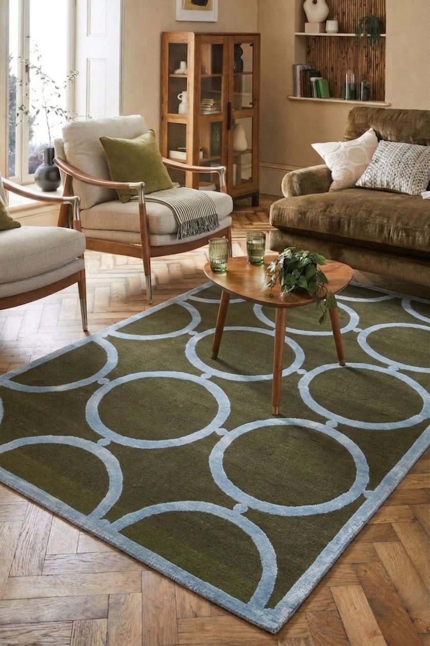 India Modern Circle Olive, Bhadohi, India modern rug, in olive green, Viscose, 122x183 cm, Nasim Carpets Malaysia — view 2