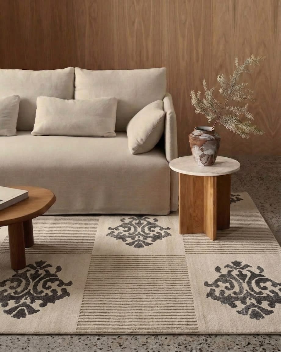 Tibetan Damask Checkerboard Ivory, Nepal modern rug, in ivory, Silk and Wool, 91x152 cm, Nasim Carpets Malaysia — view 2