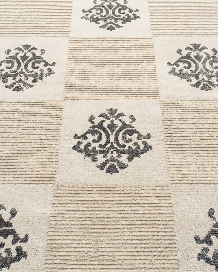 Tibetan Damask Checkerboard Ivory, Nepal modern rug, in ivory, Silk and Wool, 91x152 cm, Nasim Carpets Malaysia — view 3
