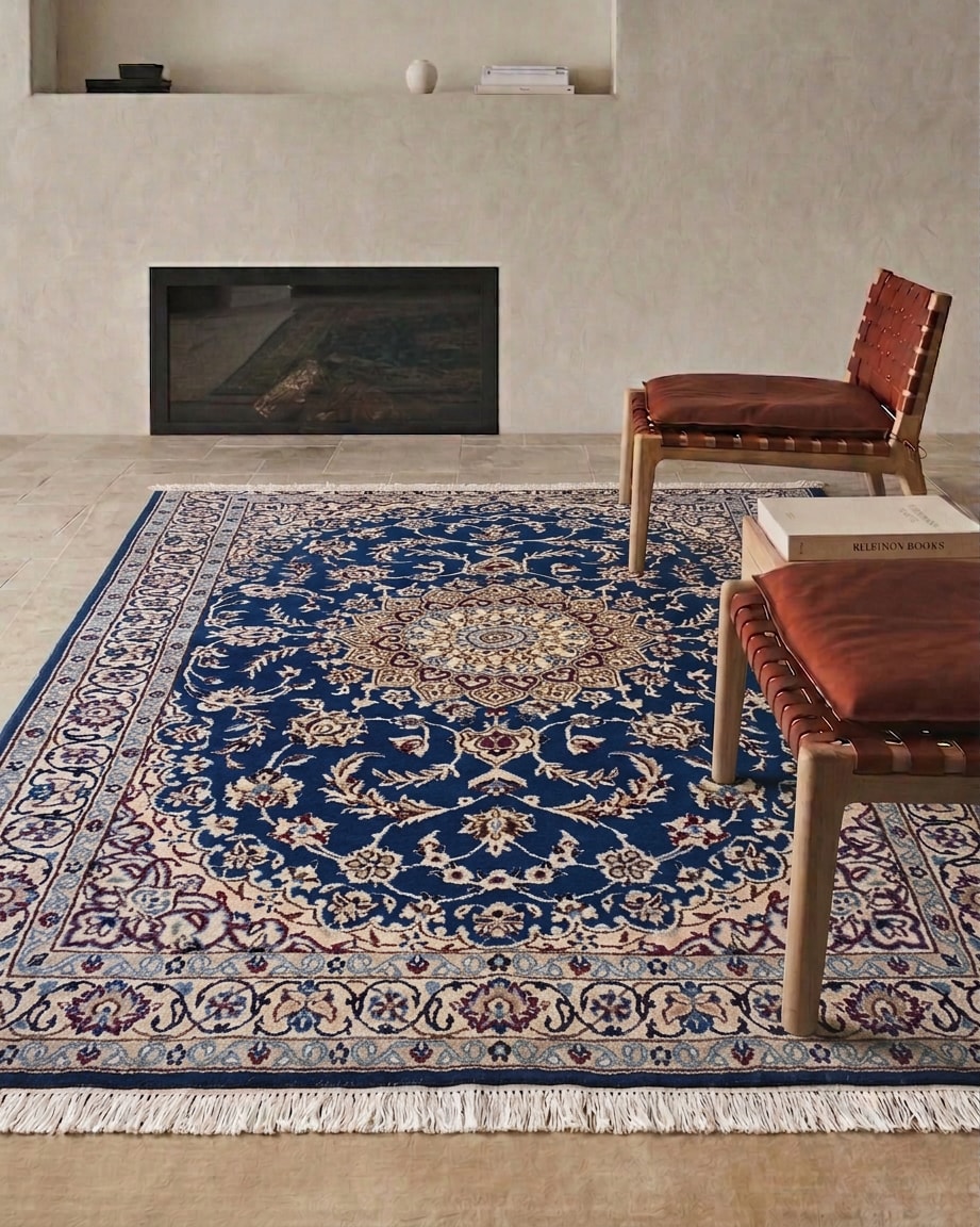 Nain Medallion Navy, Nain persian rug, in navy blue, Silk and Wool, 122x183 cm, Nasim Carpets Malaysia — view 2