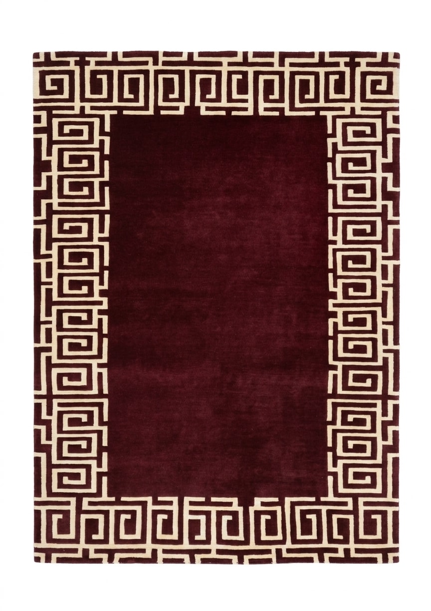Tibetan Greek Key Burgundy, Nepal modern rug, in red, Silk and Wool, 152x216 cm, Nasim Carpets Malaysia — view 1