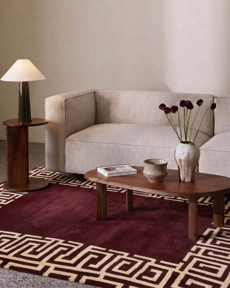 Tibetan Greek Key Burgundy, Nepal modern rug, in red, Silk and Wool, 152x216 cm, Nasim Carpets Malaysia — view 2
