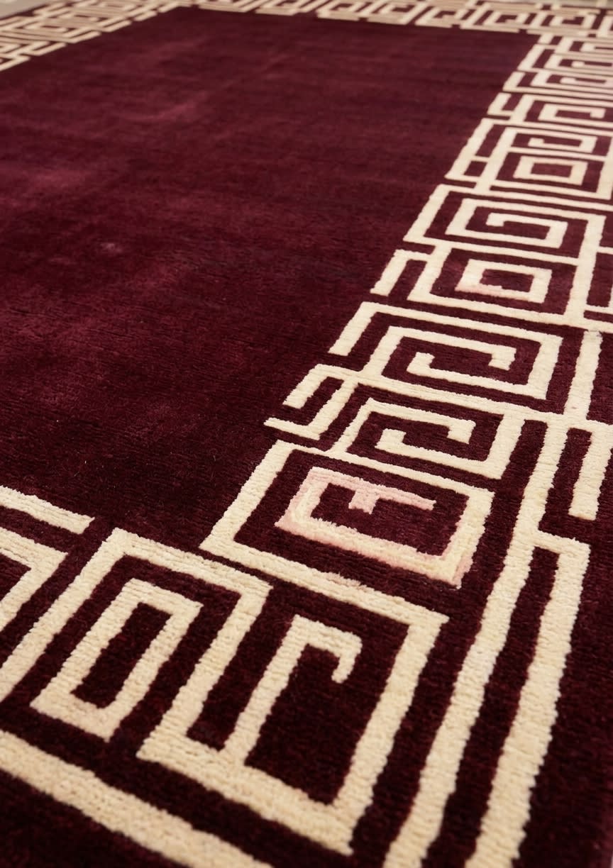 Tibetan Greek Key Burgundy, Nepal modern rug, in red, Silk and Wool, 152x216 cm, Nasim Carpets Malaysia — view 3