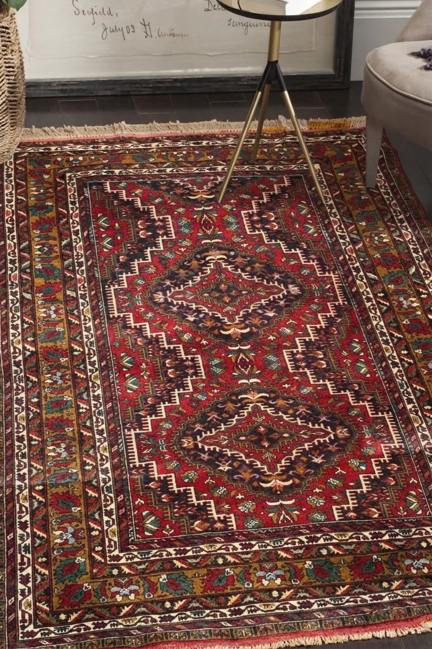 Qashqai Stepped Diamond Medallion Crimson, Iran tribal rug, in crimson red, Wool, 121x182 cm, Nasim Carpets Malaysia — view 2
