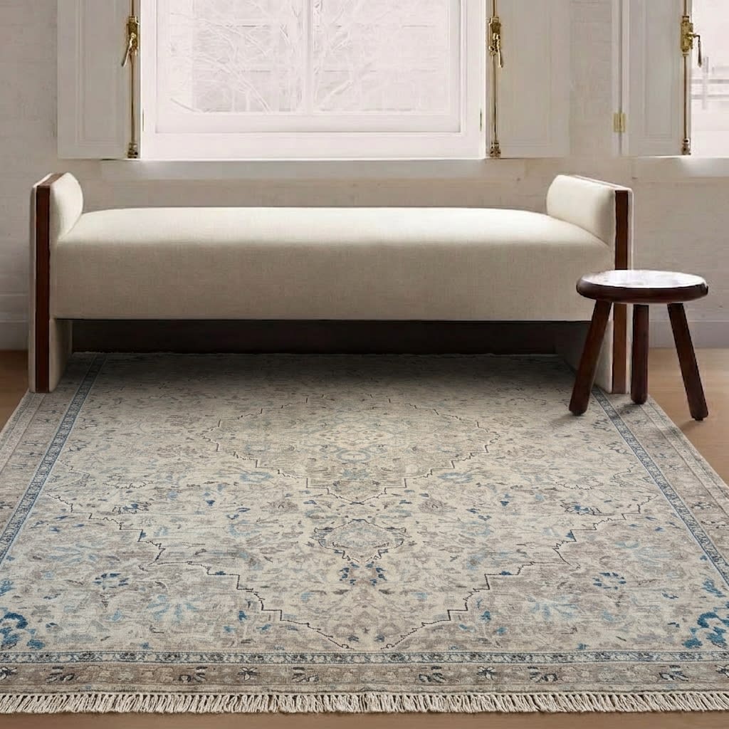 Tabriz Medallion Ivory Blue, Tabriz persian rug, in blue, Wool, 213x304 cm, Nasim Carpets Malaysia — view 2
