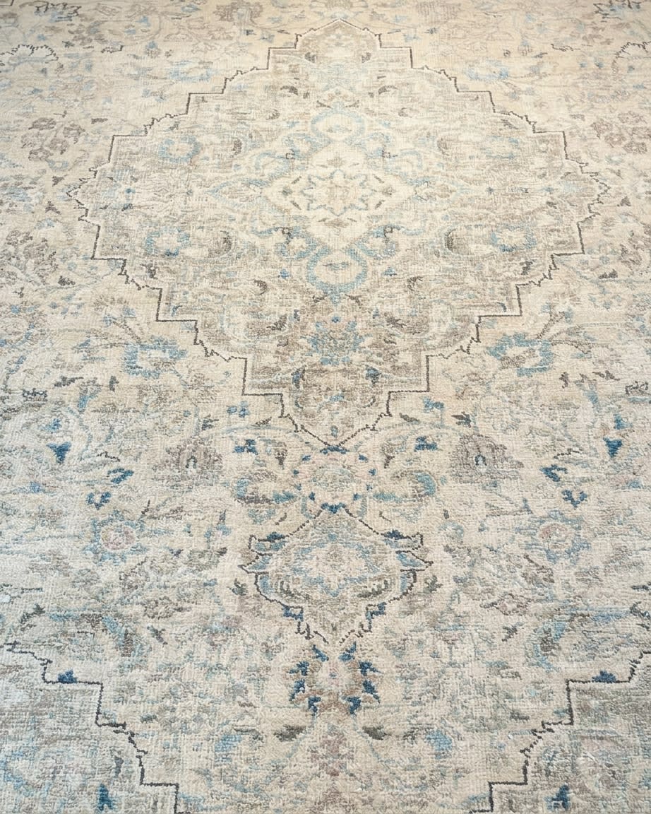 Tabriz Medallion Ivory Blue, Tabriz persian rug, in blue, Wool, 213x304 cm, Nasim Carpets Malaysia — view 3