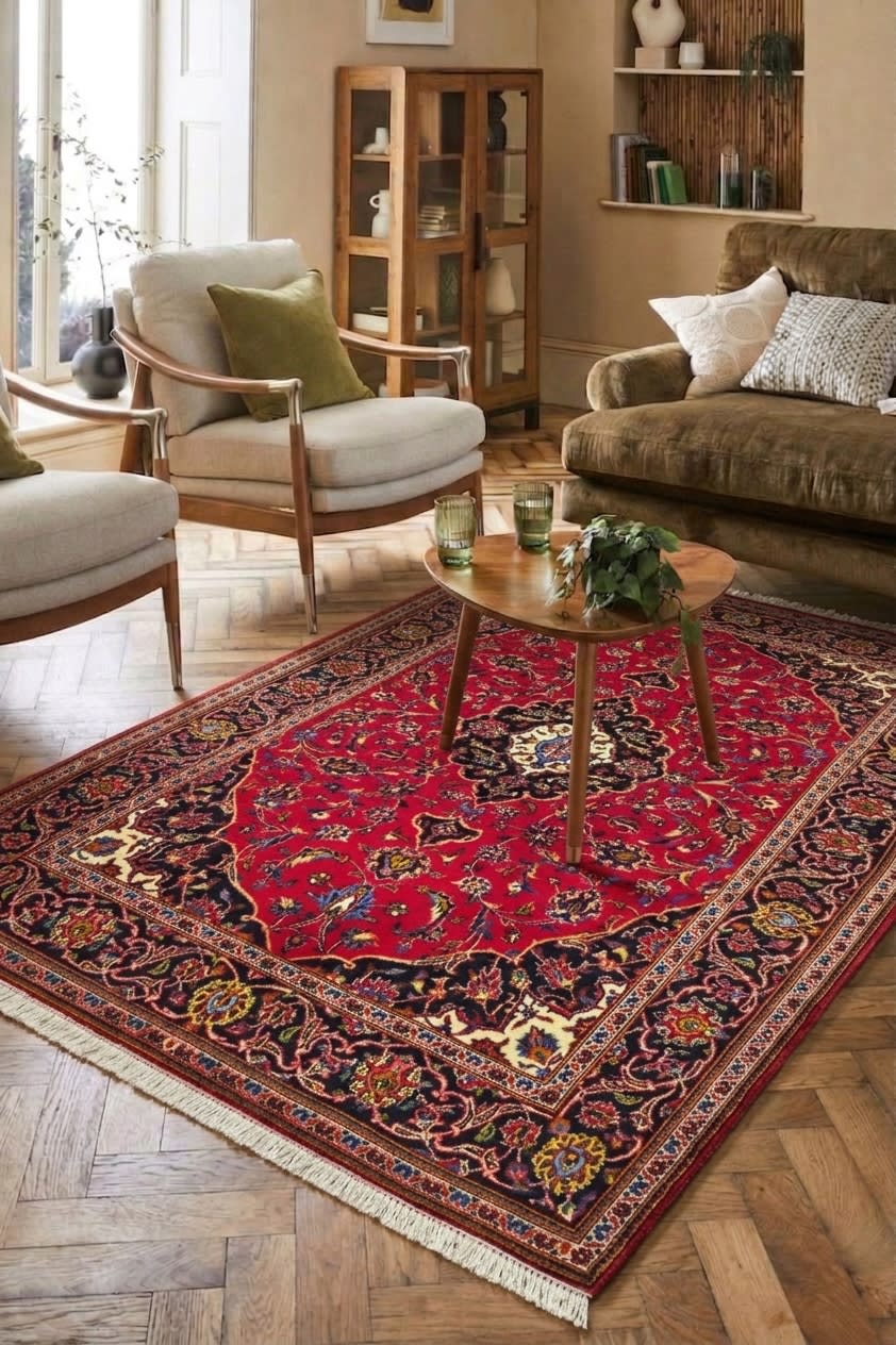Kashan Medallion Red, Kashan, Iran persian rug, in crimson red, Wool, 146x213 cm, Nasim Carpets Malaysia — view 2
