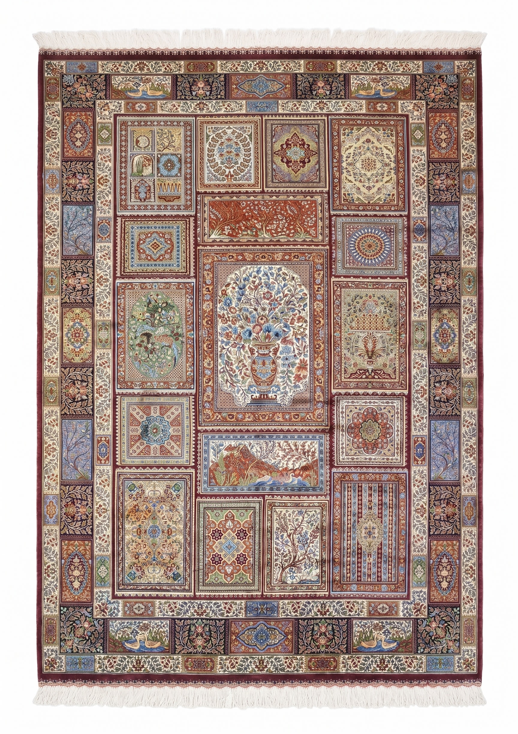 Qum Compartmental Garden Burgundy, Qum, Iran bespoke rug, in burgundy, Viscose, 91x152 cm, Nasim Carpets Malaysia — view 1
